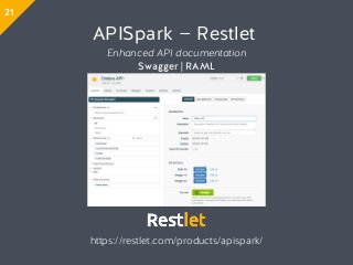 APISpark — Restlet
Enhanced API documentation
Swagger | RAML
https://restlet.com/products/apispark/
21
 