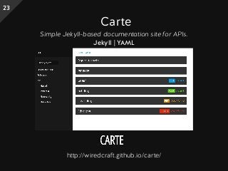 Carte
Simple Jekyll-based documentation site for APIs.
Jekyll | YAML
http://wiredcraft.github.io/carte/
23
 