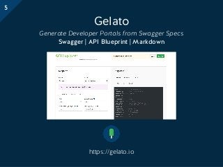 Gelato
Generate Developer Portals from Swagger Specs
Swagger | API Blueprint | Markdown
https://gelato.io
5
Beautiful static documentation for your APIReadme.io
 