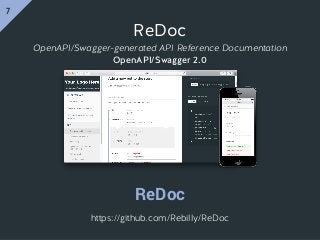ReDoc
ReDoc
OpenAPI/Swagger-generated API Reference Documentation
OpenAPI/Swagger 2.0
https://github.com/Rebilly/ReDoc
7
 