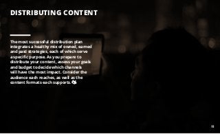 DISTRIBUTING CONTENT
The most successful distribution plan
integrates a healthy mix of owned, earned
and paid strategies, each of which serve
a specific purpose. As you prepare to
distribute your content, assess your goals
and budget to decide which channels
will have the most impact. Consider the
audience each reaches, as well as the
content formats each supports.
11
 