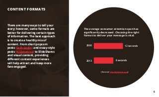 There are many ways to tell your
story; however, some formats are
better for delivering certain types
of information. The best approach
is to create a healthy mix of
content. From short popcorn
posts (Seth Godin) and essay-style
posts (KISSmetrics) to SlideShares
and visual content, providing
different content experiences
will help attract and keep more
fans engaged.
2000 12 seconds
8 seconds
CONTENT FORMATS
The average consumer attention span has
significantly decreased. Choosing the right
format to deliver your message is vital.
(Source: Marketplace.org)
6
2013
 