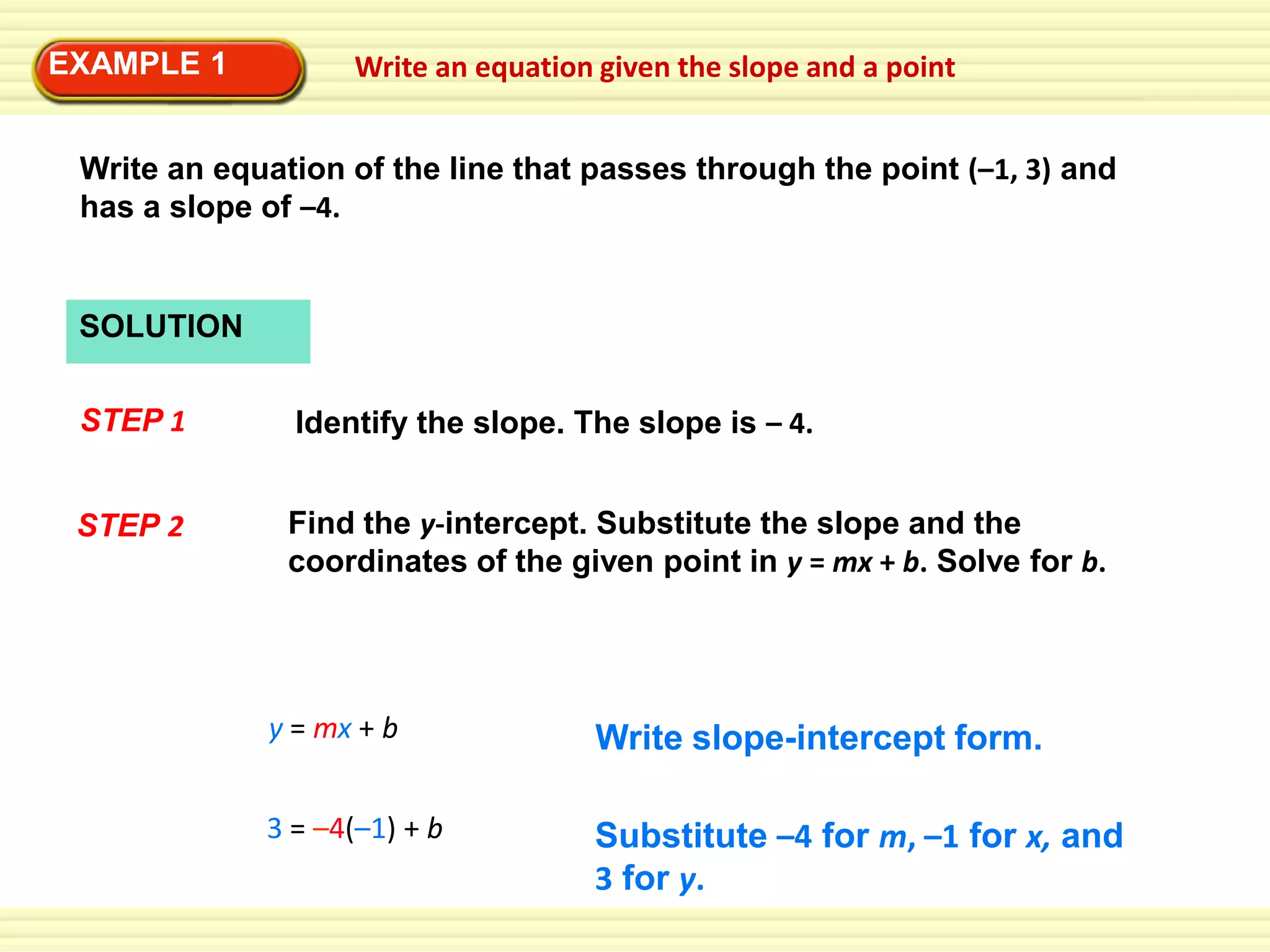 EXAMPLE 1

Write an equation given the slope and a point

Write an equation of the line that passes through the point (–1, 3) and
has a slope of –4.

SOLUTION
STEP 1

Identify the slope. The slope is – 4.

STEP 2

Find the y-intercept. Substitute the slope and the
coordinates of the given point in y = mx + b. Solve for b.

y = mx + b

Write slope-intercept form.

3 = –4(–1) + b

Substitute –4 for m, –1 for x, and
3 for y.

 