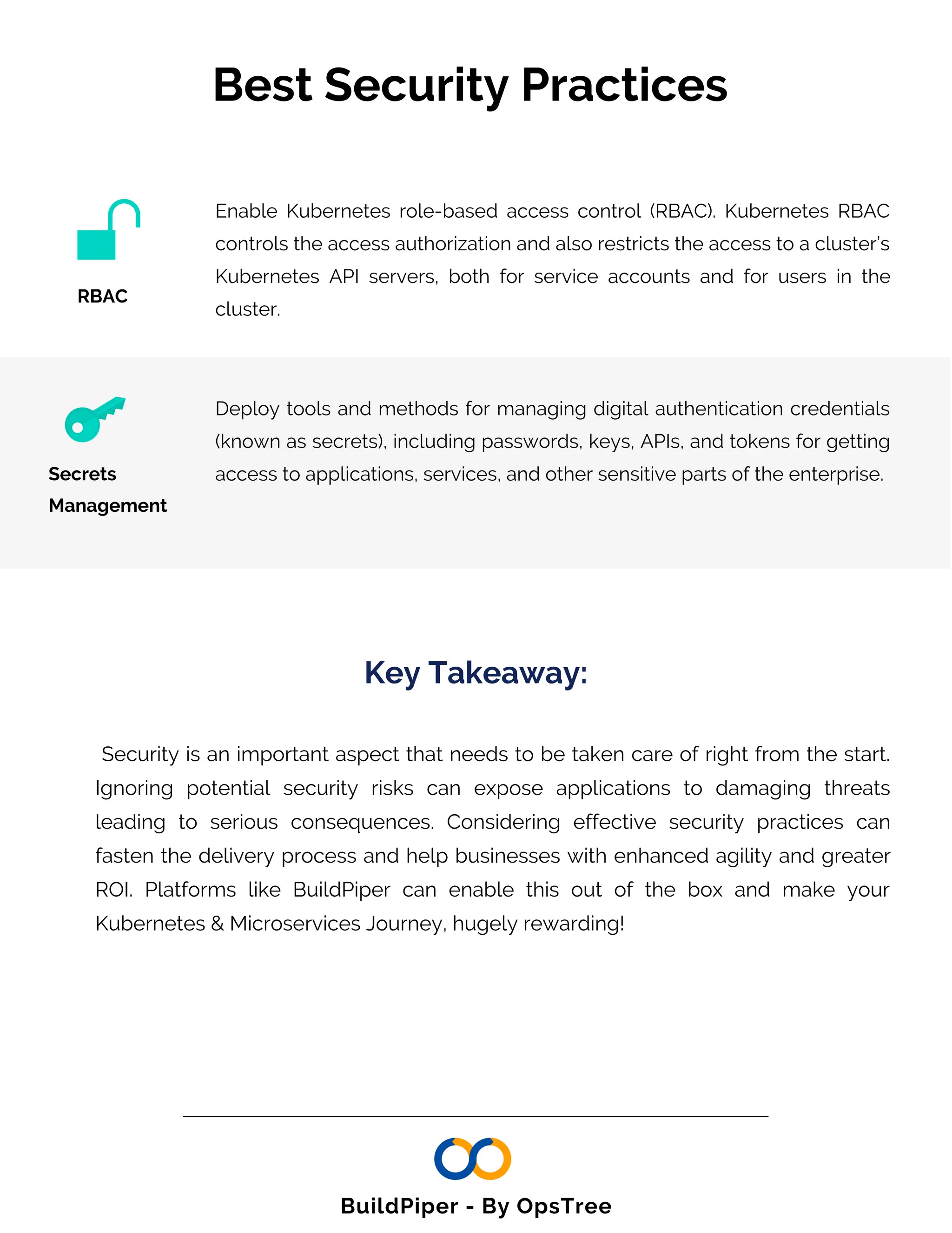 Deploy tools and methods for managing digital authentication credentials
(known as secrets), including passwords, keys, APIs, and tokens for getting
access to applications, services, and other sensitive parts of the enterprise.
Best Security Practices
Enable Kubernetes role-based access control (RBAC). Kubernetes RBAC
controls the access authorization and also restricts the access to a cluster’s
Kubernetes API servers, both for service accounts and for users in the
cluster.
Secrets
Management
RBAC
Security is an important aspect that needs to be taken care of right from the start.
Ignoring potential security risks can expose applications to damaging threats
leading to serious consequences. Considering effective security practices can
fasten the delivery process and help businesses with enhanced agility and greater
ROI. Platforms like BuildPiper can enable this out of the box and make your
Kubernetes & Microservices Journey, hugely rewarding!
Key Takeaway:
BuildPiper - By OpsTree
 