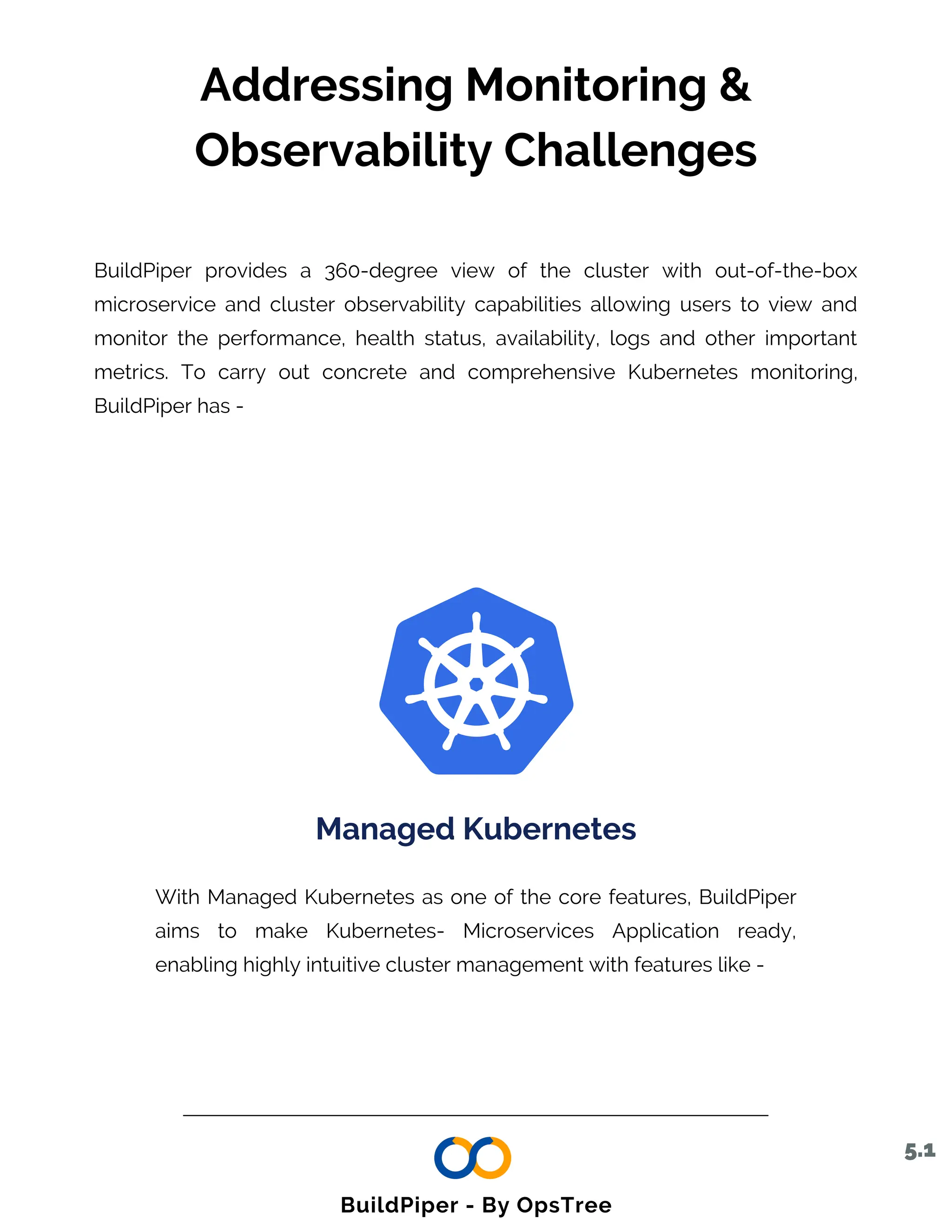 Addressing Monitoring &
Observability Challenges
BuildPiper provides a 360-degree view of the cluster with out-of-the-box
microservice and cluster observability capabilities allowing users to view and
monitor the performance, health status, availability, logs and other important
metrics. To carry out concrete and comprehensive Kubernetes monitoring,
BuildPiper has -
With Managed Kubernetes as one of the core features, BuildPiper
aims to make Kubernetes- Microservices Application ready,
enabling highly intuitive cluster management with features like -
Managed Kubernetes
5.1
BuildPiper - By OpsTree
 