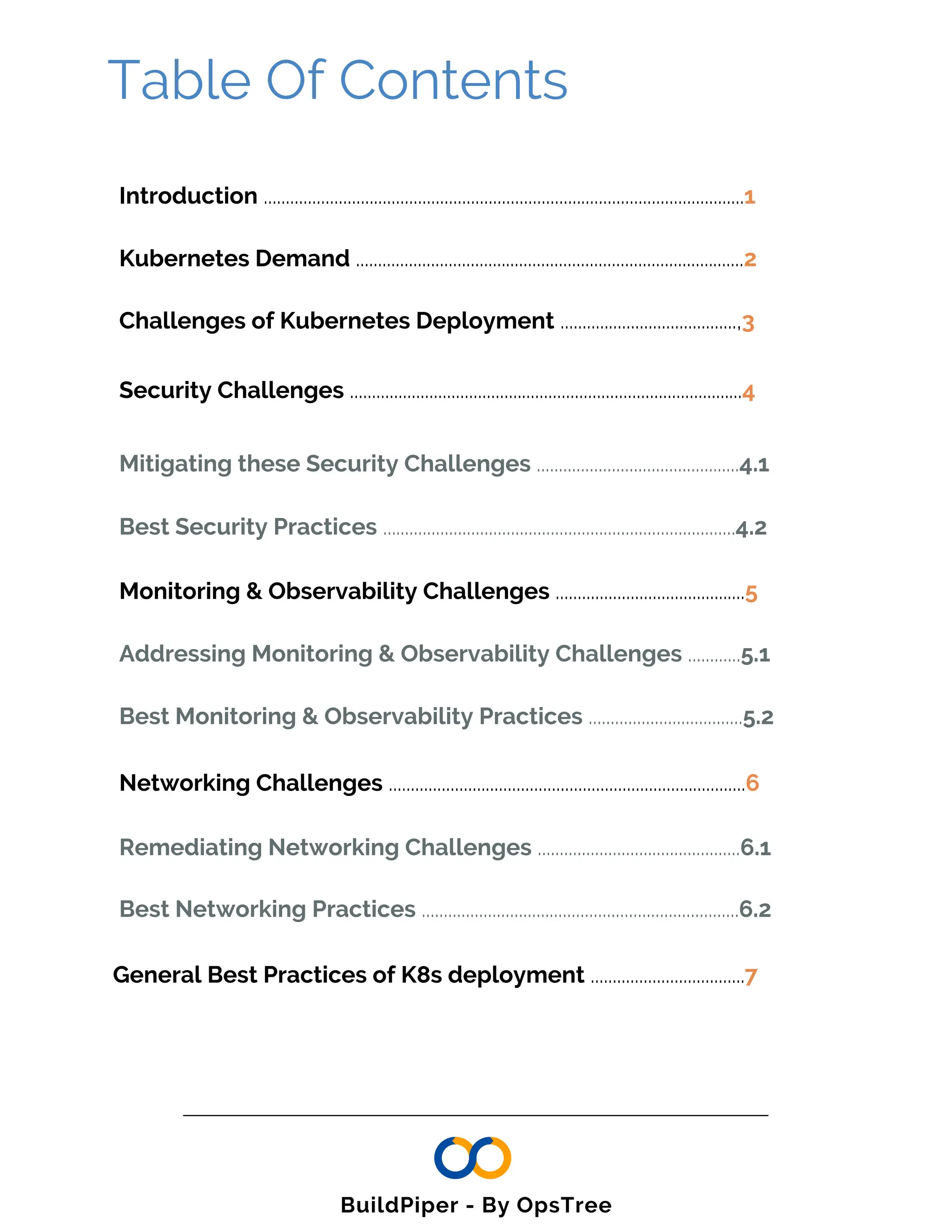 Table Of Contents
Kubernetes Demand ........................................................................................2
Challenges of Kubernetes Deployment ........................................,3
Security Challenges .........................................................................................4
Mitigating these Security Challenges ..............................................4.1
Best Security Practices ................................................................................4.2
Monitoring & Observability Challenges ...........................................5
Addressing Monitoring & Observability Challenges ............5.1
Best Monitoring & Observability Practices ...................................5.2
Networking Challenges .................................................................................6
Remediating Networking Challenges ..............................................6.1
Best Networking Practices ........................................................................6.2
General Best Practices of K8s deployment ...................................7
Introduction .............................................................................................................1
BuildPiper - By OpsTree
 