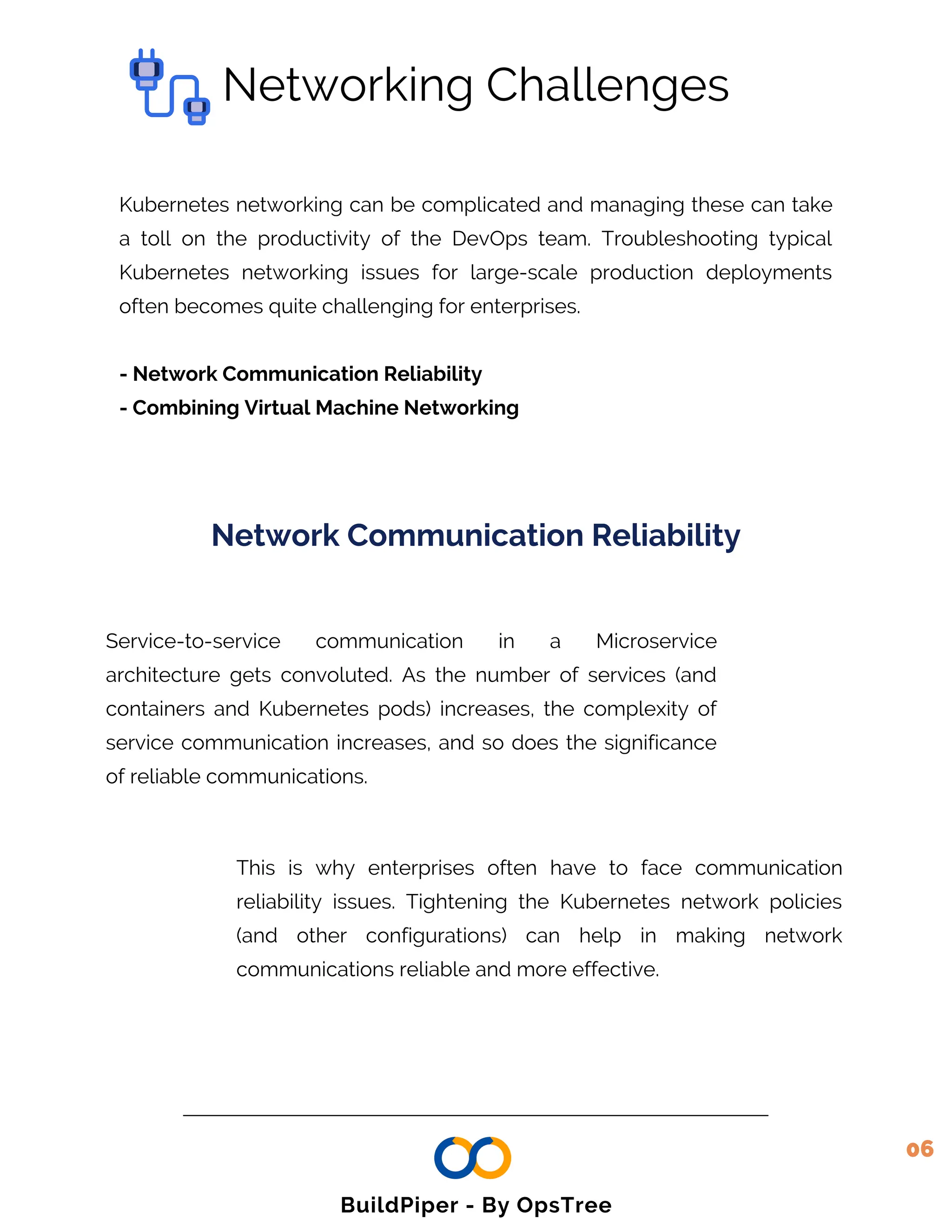 Kubernetes networking can be complicated and managing these can take
a toll on the productivity of the DevOps team. Troubleshooting typical
Kubernetes networking issues for large-scale production deployments
often becomes quite challenging for enterprises.
- Network Communication Reliability
- Combining Virtual Machine Networking
Network Communication Reliability
Service-to-service communication in a Microservice
architecture gets convoluted. As the number of services (and
containers and Kubernetes pods) increases, the complexity of
service communication increases, and so does the significance
of reliable communications.
Networking Challenges
This is why enterprises often have to face communication
reliability issues. Tightening the Kubernetes network policies
(and other configurations) can help in making network
communications reliable and more effective.
06
BuildPiper - By OpsTree
 
