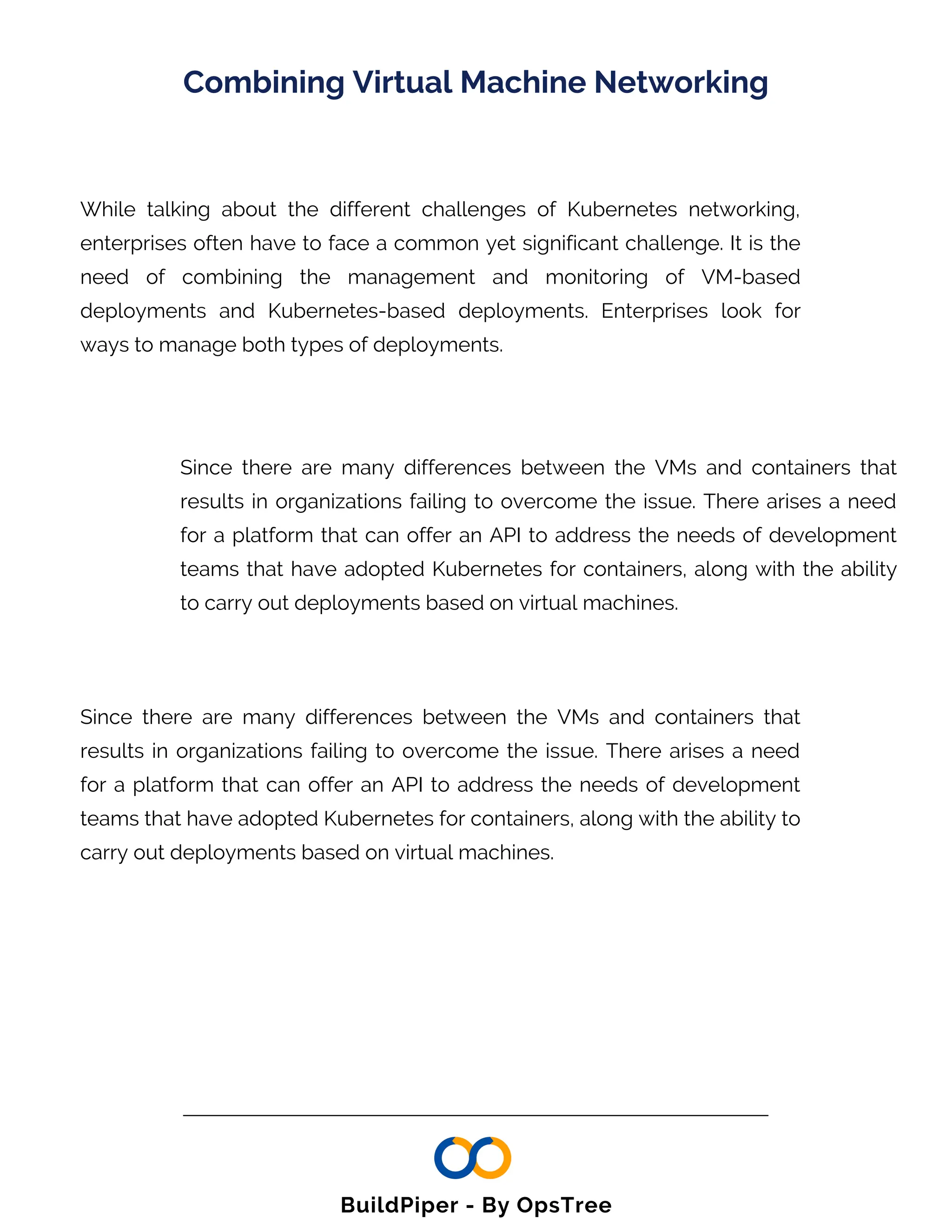 Combining Virtual Machine Networking
While talking about the different challenges of Kubernetes networking,
enterprises often have to face a common yet significant challenge. It is the
need of combining the management and monitoring of VM-based
deployments and Kubernetes-based deployments. Enterprises look for
ways to manage both types of deployments.
Since there are many differences between the VMs and containers that
results in organizations failing to overcome the issue. There arises a need
for a platform that can offer an API to address the needs of development
teams that have adopted Kubernetes for containers, along with the ability
to carry out deployments based on virtual machines.
Since there are many differences between the VMs and containers that
results in organizations failing to overcome the issue. There arises a need
for a platform that can offer an API to address the needs of development
teams that have adopted Kubernetes for containers, along with the ability to
carry out deployments based on virtual machines.
BuildPiper - By OpsTree
 