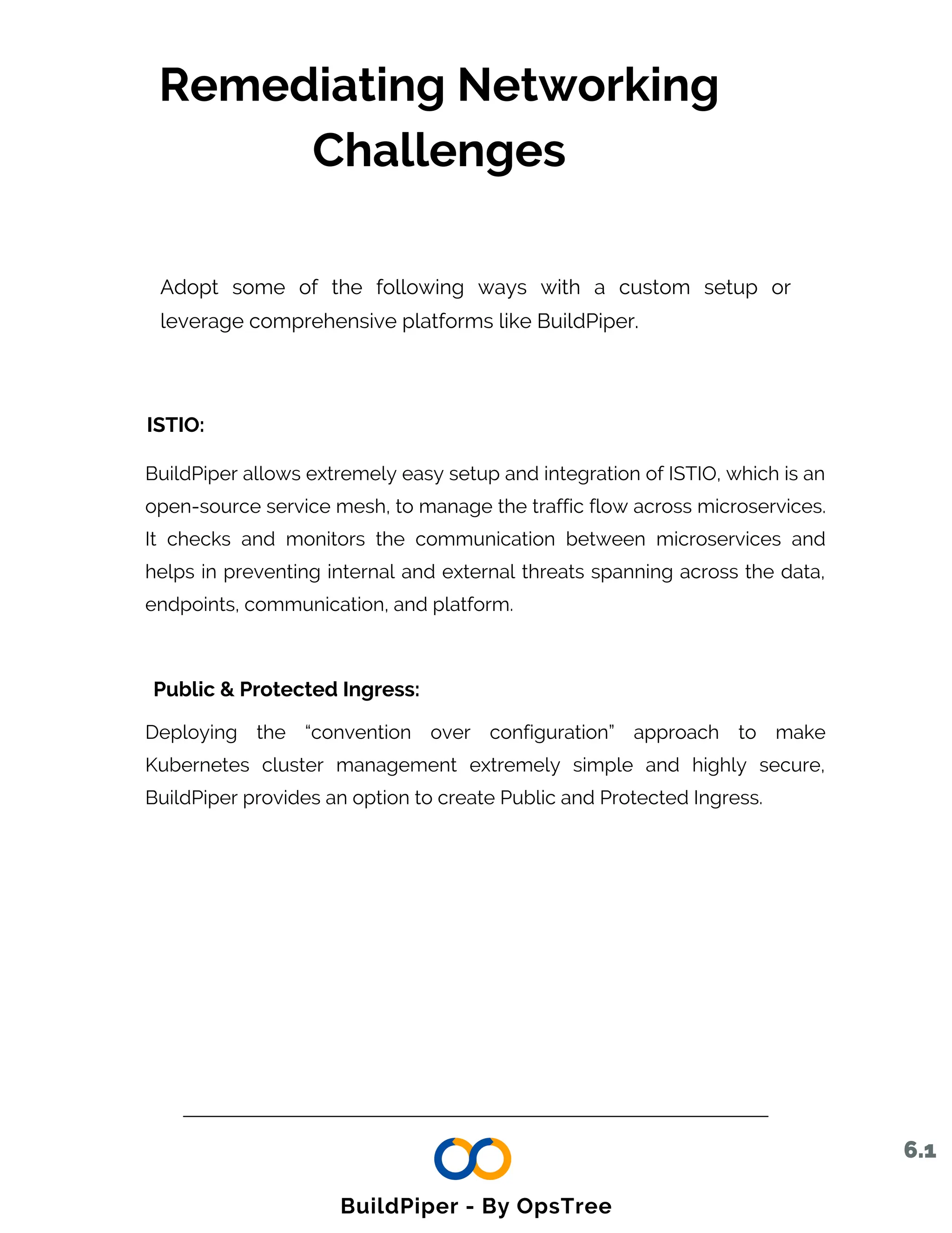 Remediating Networking
Challenges
Adopt some of the following ways with a custom setup or
leverage comprehensive platforms like BuildPiper.
ISTIO:
BuildPiper allows extremely easy setup and integration of ISTIO, which is an
open-source service mesh, to manage the traffic flow across microservices.
It checks and monitors the communication between microservices and
helps in preventing internal and external threats spanning across the data,
endpoints, communication, and platform.
Public & Protected Ingress:
Deploying the “convention over configuration” approach to make
Kubernetes cluster management extremely simple and highly secure,
BuildPiper provides an option to create Public and Protected Ingress.
6.1
BuildPiper - By OpsTree
 