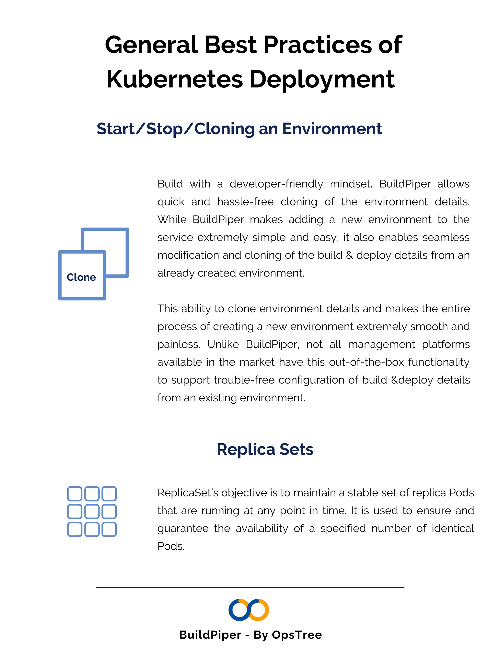 Start/Stop/Cloning an Environment
Clone
Build with a developer-friendly mindset, BuildPiper allows
quick and hassle-free cloning of the environment details.
While BuildPiper makes adding a new environment to the
service extremely simple and easy, it also enables seamless
modification and cloning of the build & deploy details from an
already created environment.
This ability to clone environment details and makes the entire
process of creating a new environment extremely smooth and
painless. Unlike BuildPiper, not all management platforms
available in the market have this out-of-the-box functionality
to support trouble-free configuration of build &deploy details
from an existing environment.
General Best Practices of
Kubernetes Deployment
Replica Sets
ReplicaSet’s objective is to maintain a stable set of replica Pods
that are running at any point in time. It is used to ensure and
guarantee the availability of a specified number of identical
Pods.
BuildPiper - By OpsTree
 