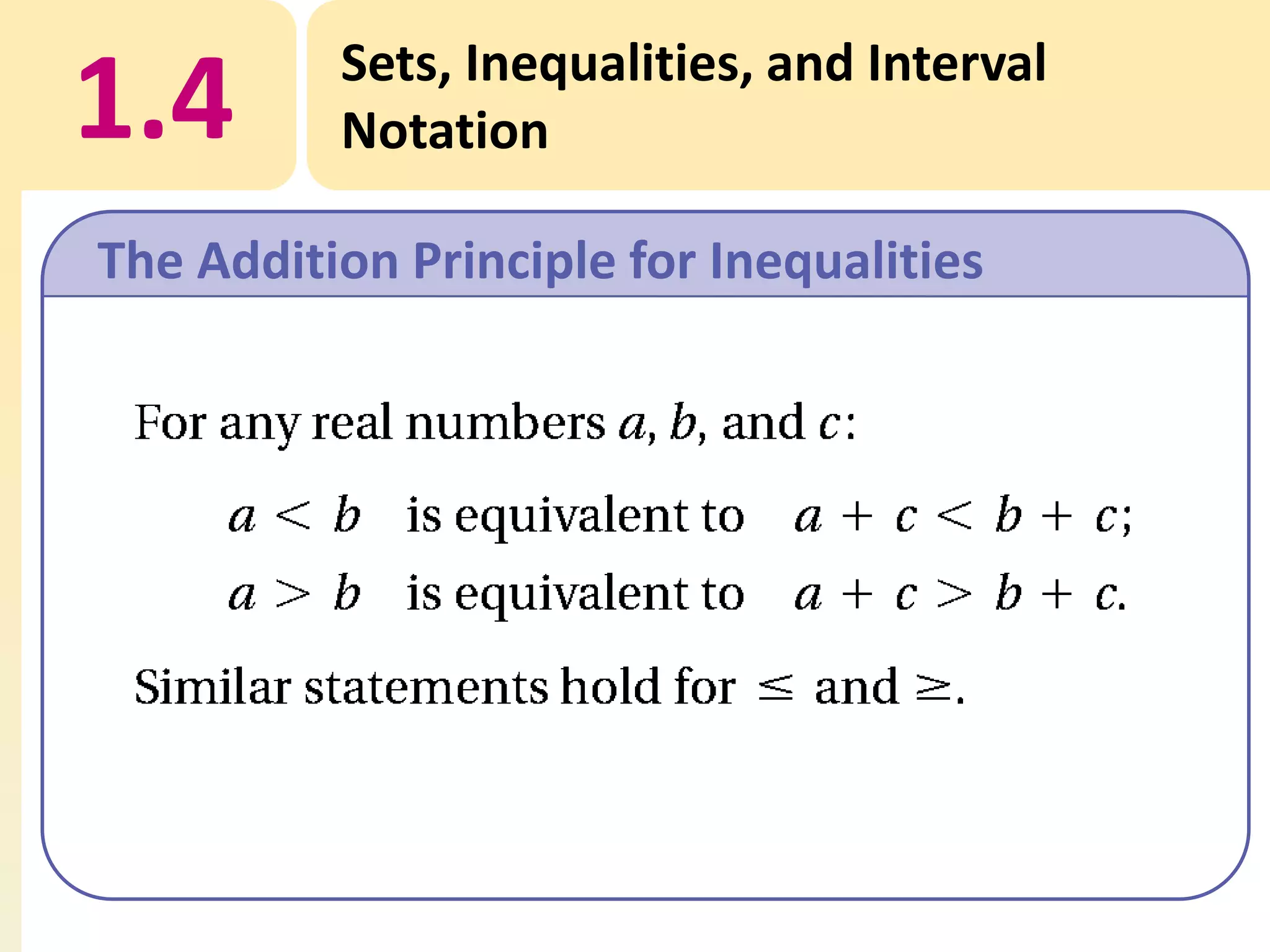 1.4

Sets, Inequalities, and Interval
Notation

The Addition Principle for Inequalities

 