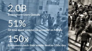 http://www.smartinsights.com/internet-marketing-statistics/insights-from-
kpcb-us-and-global-internet-trends-2015-report/
2.0BSmartphone Users Globally
150xConsumers check their mobile devices 150x/day
51%Of time spent on Internet accessed on Mobile
 