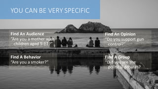 Find	A	Group
“Did	you	see	the	
political	debates?
YOU	CAN	BE	VERY	SPECIFIC
Find	An	Audience
“Are	you	a	mother	with	
children	aged	5-12?”
Find	An	Opinion
“Do	you	support	gun	
control?”
Find	A	Behavior
“Are	you	a	smoker?”
 