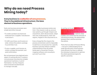 Why do we need Process
Mining today?
Every business is a collection of core processes.
They’re foundational infrastructure; the base
element of business operations.
Early core business processes were
simple (and often manual).
• To create a product you’d procure
materials from a supplier, manufacture
it and store it.
• To fulfil a purchase, you’d receive an
order, retrieve the product, package
it up and ship it out.
• To pay a supplier, you’d receive an
invoice, arrange the payment, and
send confirmation.
But as businesses have digitized every
aspect of working life into IT systems,
core processes have become complex
operational machinery in and of
themselves—too fast, frequent,
interconnected and distributed
to manage manually.
And crucially, businesses evolve over
time—they expand, scale up, procure
new systems, go through mergers and
acquisitions, ditch old processes, adopt
new ones, build products, enter new
regions, migrate to the cloud and so on.
Every change like this impacts the
process environment, and it’s impossible
to optimize a core process for a specific
business outcome without a holistic
understanding of how the whole
landscape is connected. Process
mapping software and consultants
just aren’t up to that.
As we’ll go on to see, Process Mining
is purpose-built to handle the inherent
complexity and dynamism of the modern
process environment. It delivers deep
visibility and control into the minutiae of
individual processes, the relationships
between them, and the outcomes
they deliver.
That’s the true value of Process Mining
—not just in understanding how to
make discrete parts of the business
more efficient, but how to calibrate
the individual components to optimize
the whole operational engine for
specific outcomes.
The
Ultimate
Guide
to
Process
Mining
11
 