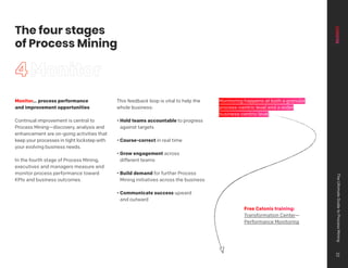 Monitor… process performance
and improvement opportunities
Continual improvement is central to
Process Mining—discovery, analysis and
enhancement are on-going activities that
keep your processes in tight lockstep with
your evolving business needs.
In the fourth stage of Process Mining,
executives and managers measure and
monitor process performance toward
KPIs and business outcomes.
This feedback loop is vital to help the
whole business:
• Hold teams accountable to progress
against targets
• Course-correct in real time
• Grow engagement across
different teams
• Build demand for further Process
Mining initiatives across the business
• Communicate success upward
and outward
Monitoring happens at both a granular
process-centric level and a wider
business-centric level:
4
The four stages
of Process Mining
Free Celonis training:
Transformation Center—
Performance Monitoring
Monitor
The
Ultimate
Guide
to
Process
Mining
22
 