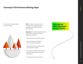 At the start Conveya needed
to do two things.
Let’s look at
that framework
in more detail.
Conveya’s first Process Mining steps
First: discover the true process
environment by collecting time-
stamped event logs from their
ERP systems.
Second: get everyone aligned behind
a clear focus and plan using the
following framework:
• Their overarching strategic goals
• New and existing initiatives
to accomplish those goals
• The specific process pain points
inhibiting those goals
• The metrics and KPIs that indicate
progress against those process
pain points
• A roadmap for future success
The
Ultimate
Guide
to
Process
Mining
28
 