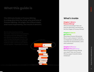 What this guide is
But it’s also a practical working
document. There are practical examples
throughout the book designed to help
you identify and progress toward your
own Process Mining opportunities. Use
them as a basis to plan your approach,
build your team, and focus your efforts
around specific, measurable outcomes.
The Ultimate Guide to Process Mining
is a deep dive into the what, why and how of
Process Mining—its origin, the critical steps,
and most importantly, the results it delivers.
What’s inside
Chapter 1: What is
Process Mining?
What are processes? How can
they be optimized? And what are
the four stages of Process Mining?
Chapter 2: How to
get started.
What does Process Mining look
like in a real company? And how
can beginners accelerate positive
outcomes for the business, users
and customers?
Chapter 3: Process
Mining in the real world.
What are good Process Mining
use cases? How can Process
Mining support transformation
initiatives?
The
Ultimate
Guide
to
Process
Mining
5
 