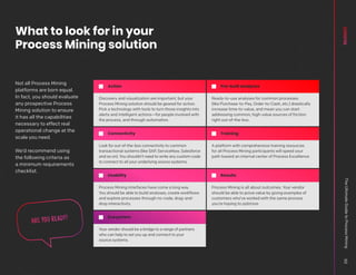 What to look for in your
Process Mining solution
Not all Process Mining
platforms are born equal.
In fact, you should evaluate
any prospective Process
Mining solution to ensure
it has all the capabilities
necessary to effect real
operational change at the
scale you need.
We’d recommend using
the following criteria as
a minimum requirements
checklist.
Action Pre-built analyses
Discovery and visualization are important, but your
Process Mining solution should be geared for action.
Pick a technology with tools to turn those insights into
alerts and intelligent actions—for people involved with
the process, and through automation.
Ready-to-use analyses for common processes
(like Purchase-to-Pay, Order-to-Cash, etc.) drastically
increase time-to-value, and mean you can start
addressing common, high-value sources of friction
right out-of-the-box.
Connectivity Training
Look for out-of-the-box connectivity to common
transactional systems (like SAP, ServiceNow, Salesforce
and so on). You shouldn’t need to write any custom code
to connect to all your underlying source systems.
A platform with comprehensive training resources
for all Process Mining participants will speed your
path toward an internal center of Process Excellence
Usability Results
Process Mining interfaces have come a long way.
You should be able to build analyses, create workflows
and explore processes through no-code, drag-and-
drop interactivity.
Process Mining is all about outcomes. Your vendor
should be able to prove value by giving examples of
customers who’ve worked with the same process
you’re hoping to optimize.
Ecosystem
Your vendor should be a bridge to a range of partners
who can help to set you up and connect to your
source systems.
ARE YOU READY?
The
Ultimate
Guide
to
Process
Mining
50
 