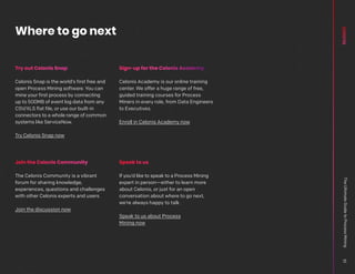 Where to go next
Try out Celonis Snap
Celonis Snap is the world’s first free and
open Process Mining software. You can
mine your first process by connecting
up to 500MB of event log data from any
CSV/XLS flat file, or use our built-in
connectors to a whole range of common
systems like ServiceNow.
Try Celonis Snap now
Join the Celonis Community
The Celonis Community is a vibrant
forum for sharing knowledge,
experiences, questions and challenges
with other Celonis experts and users.
Join the discussion now
Sign-up for the Celonis Academy
Celonis Academy is our online training
center. We offer a huge range of free,
guided training courses for Process
Miners in every role, from Data Engineers
to Executives.
Enroll in Celonis Academy now
Speak to us
If you’d like to speak to a Process Mining
expert in person—either to learn more
about Celonis, or just for an open
conversation about where to go next,
we’re always happy to talk.
Speak to us about Process
Mining now
The
Ultimate
Guide
to
Process
Mining
51
 