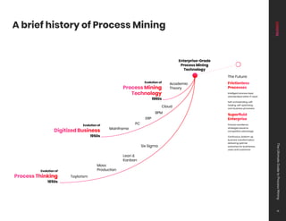 A brief history of Process Mining
Enterprise-Grade
Process Mining
Technology
Academic
Theory
Six Sigma
Mainframe
PC
ERP
BPM
Cloud
Lean &
Kanban
Mass
Production
Taylorism
The Future:
Frictionless
Processes

Intelligent process layer
standardized within IT stack
Self-orchestrating, self-
healing, self-optimizing
core business processes
Superfluid
Enterprise

Process excellence
strategies become
competitive advantage
Continuous, bottom-up
business transformation
delivering optimal
outcomes for businesses,
users and customers
The
Ultimate
Guide
to
Process
Mining
9
 