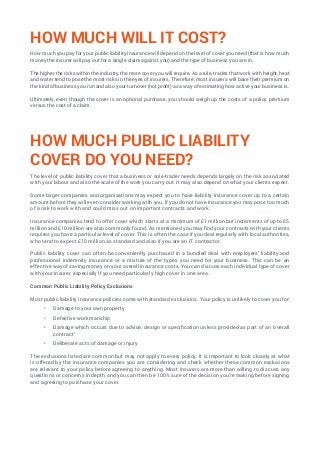 HOW MUCH WILL IT COST?
How much you pay for your public liability insurance will depend on the level of cover you need (th...