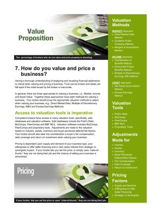Valuation
Methods
MARKET Approach
• Direct Market Data
Method
• Guideline Public
Company Method
• Mergers & Acquisitions
Method
INCOME Approach
• Capitalization of
Benefits Method
• Discounted Future
Benefits Method
• Multiple of Discretionary
Earnings (DE) Method
ASSET Approach
• Net Asset Accumulation
Method
• Excess Earnings
Method
Valuation
Tools
• Pratt’s Stats
• BizComps
• PeerComps
• BBF MLS
• Proprietary Tools
Adjustments
Made for
• Industry
• Assets
• Inventory
• Buyer Perceived
Defects/Risk Factors
• Fair Compensation
• Debt Coverage
• Return on Investment
Pricing
Factors
• Supply and Demand
• Willingness to Offer
Seller Financing
• Strategic or Synergistic
The percentage of brokers who do not value and price properly is shocking.
7. How do you value and price a
business?
Having a thorough understanding of analyzing and recasting financial statements
is critical when valuing and pricing a business. Trust can be broken and deals can
fall apart if the initial recast by the broker is inaccurate.
In general, there are three approaches to valuing a business, i.e., Market, Income
and Asset Value. Together these approaches have eight methods for valuing a
business. Your broker should know the appropriate valuation methods to select
when valuing your business, e.g., Direct Market Data, Multiple of Discretionary
Earnings, M&A and Excess Earnings Methods.
Access to valuation tools is imperative
Competent brokers have access to many valuation tools; specifically, sold
databases and valuation software. Sold databases include the Pratt’s Stats,
BizComps, PeerComps and BBF MLS. Valuation software includes BizComps,
PeerComps and proprietary tools. Adjustments are made to the valuation
based on industry, assets, inventory and buyer perceived defects/risk factors.
Your broker should also take into consideration a buyer’s fair compensation,
debt coverage and return on investment when valuing your business.
Pricing is dependent upon supply and demand of your business type, your
willingness to offer seller financing and in rare cases interest from strategic or
synergistic buyers. If your broker lets you set the price, or simply uses “rules-of-
thumb,” they are not doing their job and the chance of selling your business is
diminished.
If your broker lets you set the price or uses “rules-of-thumb,” they are not doing their job.
 