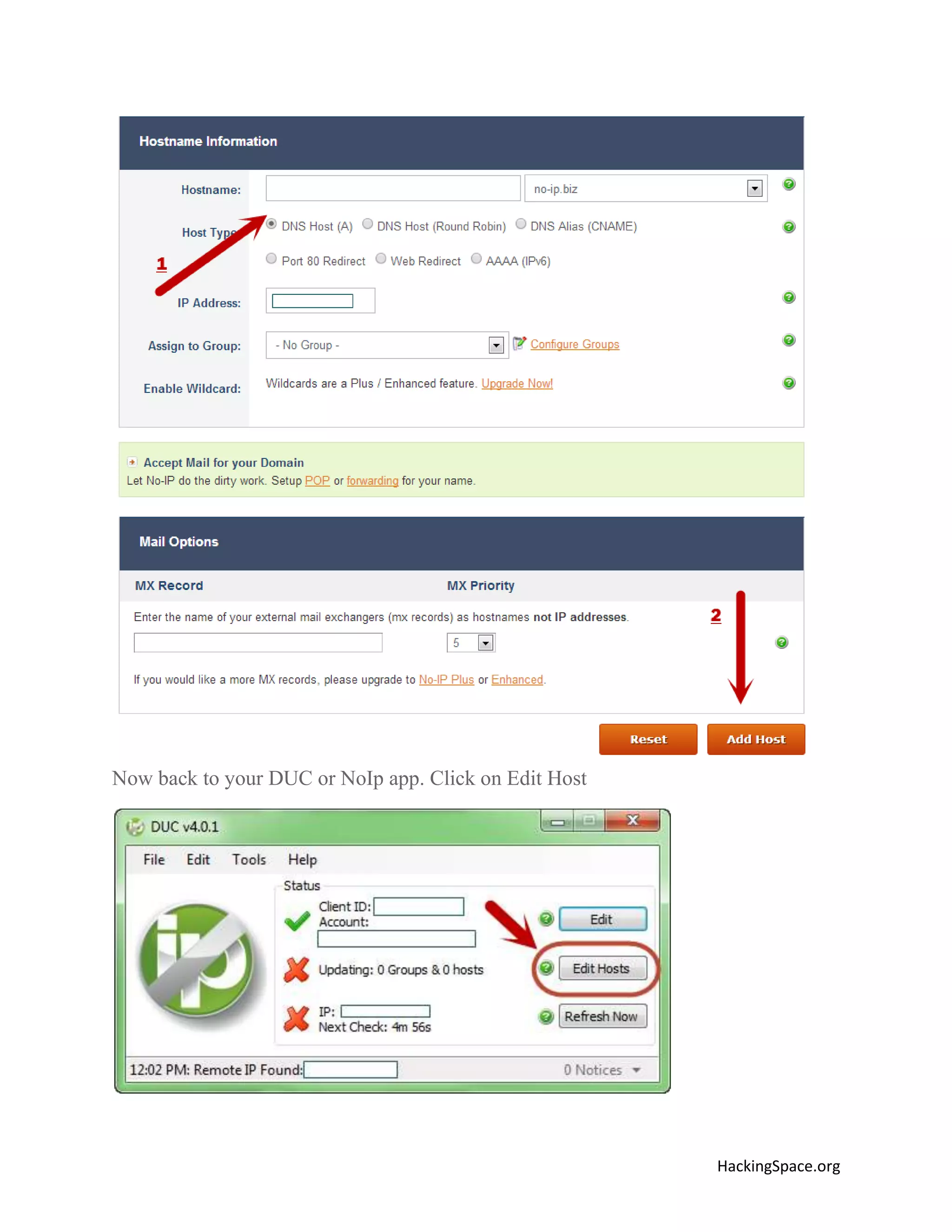 Now back to your DUC or NoIp app. Click on Edit Host

HackingSpace.org

 