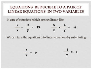 EQUATIONS REDUCIBLE TO A PAIR OF
LINEAR EQUATIONS IN TWO VARIABLES
In case of equations which are not linear, like
We can turn the equations into linear equations by substituting
2 3
13
x y
=
5 4
-2
x y
=+ -
1
p
x
=
1
q
y
=
 
