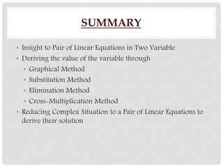 SUMMARY
• Insight to Pair of Linear Equations in Two Variable
• Deriving the value of the variable through
• Graphical Met...