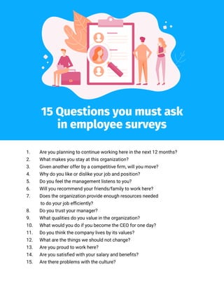 1.	 Are you planning to continue working here in the next 12 months?
2.	 What makes you stay at this organization?
3.	 Given another offer by a competitive firm, will you move?
4.	 Why do you like or dislike your job and position?
5.	 Do you feel the management listens to you?
6.	 Will you recommend your friends/family to work here?
7.	 Does the organization provide enough resources needed
to do your job efficiently?
8.	 Do you trust your manager?
9.	 What qualities do you value in the organization?
10.	 What would you do if you become the CEO for one day?
11.	 Do you think the company lives by its values?
12.	 What are the things we should not change?
13.	 Are you proud to work here?
14.	 Are you satisfied with your salary and benefits?
15.	 Are there problems with the culture?
15 Questions you must ask
in employee surveys
 
