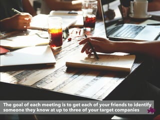 The goal of each meeting is to get each of your friends to identify
someone they know at up to three of your target compan...