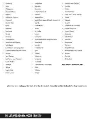 The Ultimate Memory Jogger | Page 10
•	 Paraguay
•	 Peru
•	 Philippines
•	 Pitcairn Island
•	 Poland
•	 Polynesia (French)
•	 Portugal
•	 Puerto Rico
•	 Qatar
•	 Reunion
•	 Romania
•	 Russia
•	 Rwanda
•	 Saint Helena
•	 Saint Kitts and Nevis
•	 Saint Lucia
•	 Saint Pierre and Miquelon
•	 Saint Vincent and Grenadines
•	 Samoa
•	 San Marino
•	 Sao Tome and Principe
•	 Saudi Arabia
•	 Senegal
•	 Serbia
•	 Seychelles
•	 Sierra Leone
•	 Singapore
•	 Slovakia
•	 Slovenia
•	 Solomon Islands
•	 Somalia
•	 South Africa
•	 South Georgia and South Sandwich
Islands
•	 South Korea
•	 Spain
•	 Sri Lanka
•	 Sudan
•	 Suriname
•	 Svalbard and Jan Mayen Islands
•	 Swaziland
•	 Sweden
•	 Switzerland
•	 Syria
•	 Taiwan
•	 Tajikistan
•	 Tanzania
•	 Thailand
•	 Timor-Leste (East Timor)
•	 Togo
•	 Tokelau
•	 Tonga
•	 Trinidad and Tobago
•	 Tunisia
•	 Turkey
•	 Turkmenistan
•	 Turks and Caicos Islands
•	 Tuvalu
•	 Uganda
•	 Ukraine
•	 United Arab Emirates
•	 United Kingdom
•	 United States
•	 Uruguay
•	 Uzbekistan
•	 Vanuatu
•	 Venezuela
•	 Vietnam
•	 Virgin Islands
•	 Wallis and Futuna Islands
•	 Yemen
•	 Zambia
•	 Zimbabwe
Who Haven’t you listed yet?
After you have made your list from all of the above, look at your list and think about who they would know
 