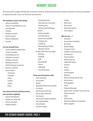 The Ultimate Memory Jogger | Page 5
The members of your own family:
•	 Father and Mother
•	 Father-In-Law/Mother-In-Law
•	 Grandparents
•	 Children
•	 Brothers & Sisters
•	 Aunts & Uncles
•	 Nieces & Nephews
•	 Cousins
List you already have:
•	 Current address book/online
contact manager
•	 Email addresses list
•	 Cell phone contacts
•	 Holidays cards list
•	 Wedding invite list
•	 Child’s birthday invitee list
•	 Business cards list
•	 Social media:
- Facebook
- LinkedIn
- Plaxo
- Twitter
- Skype
-Other
Your closest friends and those whom
you associate regularly:
•	 Friends & Neighbors
•	 People you work with
•	 Church members
•	 Hobby buddies:
- Camping friends
- Dancing class associates
- Drawing class
- Fantasy Football league
friends
- Fishing buddies
- Hunting friends
- Karate class buddies
- Singing class
- Sculpting
- Woodworking friends
- Workout friends
•	 People with whom you play:
- Bowling
- Football
- Golf
- Racquetball
- Tennis
- Volleyball
- Any other game
Those you do business with:
•	 Auto mechanic
•	 Accountant
•	 Banker
•	 Babysitter/Child care provider
•	 Car dealer
•	 Dentist (your kids too)
•	 Doctor (your kids too)
•	 Dry cleaner
•	 Grocer/Gas station attendant
•	 Hair stylist/barber
•	 Housekeeper
•	 Insurance agent
•	 Lawyer
•	 Merchants
•	 Pharmacist
•	 Real Estate Agent
•	 Travel Agent
Who are my …?
•	 Architect
•	 Associations members
•	 Bus driver
•	 Butcher/Baker
•	 Computer Tech
•	 Children’s friends parents
•	 Chiropractor
•	 Club members
•	 Delivery person
•	 FedEx/UPS Driver
•	 Fireman
•	 Florist
•	 Jeweler
•	 Leasing Agent
•	 Mailman
•	 Minister/Pastor & their wife
•	 Pet Groomer
•	 Photographer
•	 Police
•	 Property Manager
•	 Sports Team members (your kids too
& their parents)
•	 Tailor
•	 Veterinarian
•	 Waitresses/Waiter (my favorite)
•	 Water Supplier
Memory Jogger
This easy memory Jogger will help you create your initial list of key friends, business contacts and others to share your product
or opportunity with, so you can kick-start your business.
 