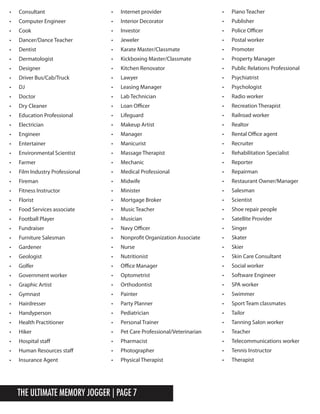 The Ultimate Memory Jogger | Page 7
•	 Consultant
•	 Computer Engineer
•	 Cook
•	 Dancer/Dance Teacher
•	 Dentist
•	 Dermatologist
•	 Designer
•	 Driver Bus/Cab/Truck
•	 DJ
•	 Doctor
•	 Dry Cleaner
•	 Education Professional
•	 Electrician
•	 Engineer
•	 Entertainer
•	 Environmental Scientist
•	 Farmer
•	 Film Industry Professional
•	 Fireman
•	 Fitness Instructor
•	 Florist
•	 Food Services associate
•	 Football Player
•	 Fundraiser
•	 Furniture Salesman
•	 Gardener
•	 Geologist
•	 Golfer
•	 Government worker
•	 Graphic Artist
•	 Gymnast
•	 Hairdresser
•	 Handyperson
•	 Health Practitioner
•	 Hiker
•	 Hospital staff
•	 Human Resources staff
•	 Insurance Agent
•	 Internet provider
•	 Interior Decorator
•	 Investor
•	 Jeweler
•	 Karate Master/Classmate
•	 Kickboxing Master/Classmate
•	 Kitchen Renovator
•	 Lawyer
•	 Leasing Manager
•	 Lab Technician
•	 Loan Officer
•	 Lifeguard
•	 Makeup Artist
•	 Manager
•	 Manicurist
•	 Massage Therapist
•	 Mechanic
•	 Medical Professional
•	 Midwife
•	 Minister
•	 Mortgage Broker
•	 Music Teacher
•	 Musician
•	 Navy Officer
•	 Nonprofit Organization Associate
•	 Nurse
•	 Nutritionist
•	 Office Manager
•	 Optometrist
•	 Orthodontist
•	 Painter
•	 Party Planner
•	 Pediatrician
•	 Personal Trainer
•	 Pet Care Professional/Veterinarian
•	 Pharmacist
•	 Photographer
•	 Physical Therapist
•	 Piano Teacher
•	 Publisher
•	 Police Officer
•	 Postal worker
•	 Promoter
•	 Property Manager
•	 Public Relations Professional
•	 Psychiatrist
•	 Psychologist
•	 Radio worker
•	 Recreation Therapist
•	 Railroad worker
•	 Realtor
•	 Rental Office agent
•	 Recruiter
•	 Rehabilitation Specialist
•	 Reporter
•	 Repairman
•	 Restaurant Owner/Manager
•	 Salesman
•	 Scientist
•	 Shoe repair people
•	 Satellite Provider
•	 Singer
•	 Skater
•	 Skier
•	 Skin Care Consultant
•	 Social worker
•	 Software Engineer
•	 SPA worker
•	 Swimmer
•	 Sport Team classmates
•	 Tailor
•	 Tanning Salon worker
•	 Teacher
•	 Telecommunications worker
•	 Tennis Instructor
•	 Therapist
 