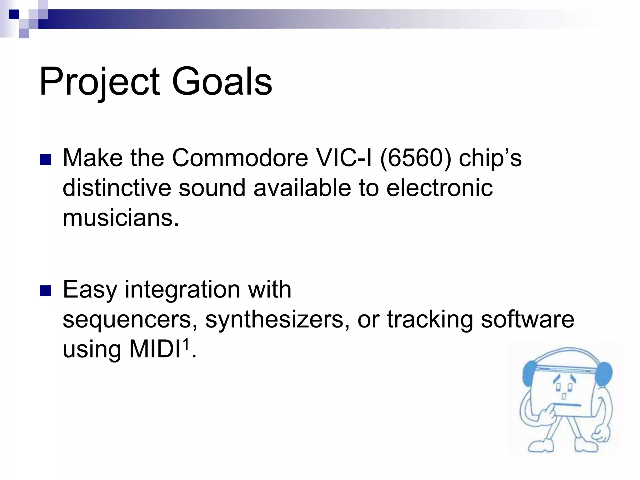 Ultimate Modded 64C
• Goal: Maximize convenience, capability and fun when
  using the 64, using real hardware and without sacrificing
  the overall experience.

• Modifications
      •   Blue Paint Job
      •   Stereo SID Sound
      •   Multiple Kernals
      •   Reset Button
      •   C128 Power Supply

• Peripherals
      • Four Joystick Ports
      • Port Switcher
      • IDE64 v4 with RR-Net (Ethernet, USB, 20GB HD, CDROM)


• Alternatives
 
