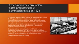 Experimento de correlación 
entre productividad e 
iluminación inicia en 1924 
La compañía Western Electric ubicada en Hawthorne de la ciudad 
de Chicago, se dedicaba a la elaboración de equipos y 
componentes telefónicos realizando tareas repetitivas simples 
que exigían rapidez, como montar cinco rieles cada seis minutos. 
La política de la compañía era proporcionar bienestar a los 
trabajadores, tener salarios remunerativos y brindar unas 
condiciones optimas de trabajo. 
El consejo nacional de investigación de USA inicia en esta 
compañía un experimento para verificar la relación existente 
entre el grado de intensidad lumínica y la eficiencia en el proceso 
productivo de los trabajadores, dirigiéndolo Elton Mayo. 
El experimento se divide en 4 fases. 
 