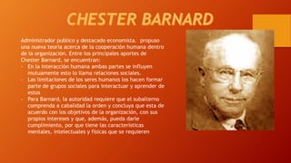 Administrador publico y destacado economista. propuso 
una nueva teoría acerca de la cooperación humana dentro 
de la organización. Entre los principales aportes de 
Chester Barnard, se encuentran: 
- En la interacción humana ambas partes se influyen 
mutuamente esto lo llama relaciones sociales. 
- Las limitaciones de los seres humanos los hacen formar 
parte de grupos sociales para interactuar y aprender de 
estos 
- Para Barnard, la autoridad requiere que el subalterno 
comprenda a cabalidad la orden y concluya que esta de 
acuerdo con los objetivos de la organización, con sus 
propios intereses y que, además, pueda darle 
cumplimiento, por que tiene las características 
mentales, intelectuales y físicas que se requieren 
 