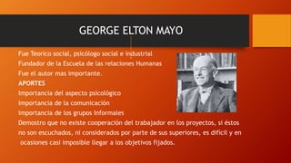 GEORGE ELTON MAYO 
Fue Teorico social, psicólogo social e industrial 
Fundador de la Escuela de las relaciones Humanas 
Fue el autor mas importante. 
APORTES 
Importancia del aspecto psicológico 
Importancia de la comunicación 
Importancia de los grupos Informales 
Demostro que no existe cooperación del trabajador en los proyectos, si éstos 
no son escuchados, ni considerados por parte de sus superiores, es difícil y en 
ocasiones casi imposible llegar a los objetivos fijados. 
 