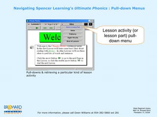 Pull-downs & retrieving a particular kind of lesson activity Navigating Spencer Learning’s  Ultimate Phonics  : Pull-down Menus Lesson activity (or lesson part) pull-down menu For more information, please call Gwen Williams at 954-382-5860 ext 281 West Regional Library 8601 W. Broward Blvd. Plantation, FL 33324 