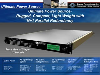 Ultimate Power Source
Ultimate Power Source™
Rugged, Compact, Light Weight with
N+1 Parallel Redundancy
Output Power
AC Input Voltage
Options
AC Output
Voltage Options
DC Input Voltage
Options
DC Output
Options
Stand Alone
Battery Run Time
2000 Watts,
2500 VA
80-140 Vrms or
150-265 Vrms
@ 47-65 Hz
115 Vrms or
230 Vrms
50Hz or 60Hz
28 V nominal or
48 V nominal
up to 1250 Watts
of DC total
13 Min. @2000 W
26 Min. @1000 W
Lithium Iron
Phosphate
Front View of Single
1U Module
 
