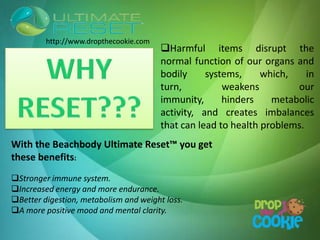 Harmful items disrupt the
normal function of our organs and
bodily systems, which, in
turn, weakens our
immunity, hinders metabolic
activity, and creates imbalances
that can lead to health problems.
With the Beachbody Ultimate Reset™ you get
these benefits:
Stronger immune system.
Increased energy and more endurance.
Better digestion, metabolism and weight loss.
A more positive mood and mental clarity.
http://www.dropthecookie.com
 