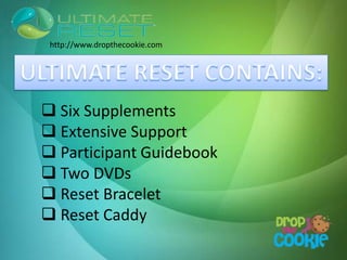  Six Supplements
 Extensive Support
 Participant Guidebook
 Two DVDs
 Reset Bracelet
 Reset Caddy
http://www.dropthecookie.com
 