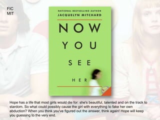 FIC
MIT




 Hope has a life that most girls would die for: she's beautiful, talented and on the track to
 stardom. So what could possibly cause the girl with everything to fake her own
 abduction? When you think you've figured out the answer, think again! Hope will keep
 you guessing to the very end.
 