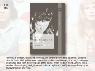 FIC
HIN




 Ponyboy is fourteen, tough and confused, yet sensitive behind his bold front. Since his
 parents' death, his loyalties have been to his brothers and his gang, the rough, swinging,
 long-haired boys from the wrong side of the tracks. When his best friend, Johnny, kills a
 member of a rival gang, a nightmare of violence begins and swiftly envelops Ponyboy in
 a turbulent chain of events.
 