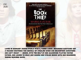 FIC
ZUS




Living in Germany during World War II, young Liesel Meminger scratches out
a meager existence for herself by stealing when she encounters something
she can't resist --- books. With the help of her accordion-playing foster
father, she learns to read and shares her stolen books with her neighbors
during bombing raids.
 