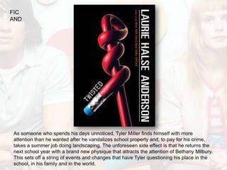 FIC
AND




As someone who spends his days unnoticed, Tyler Miller finds himself with more
attention than he wanted after he vandalizes school property and, to pay for his crime,
takes a summer job doing landscaping. The unforeseen side effect is that he returns the
next school year with a brand new physique that attracts the attention of Bethany Milbury.
This sets off a string of events and changes that have Tyler questioning his place in the
school, in his family and in the world.
 