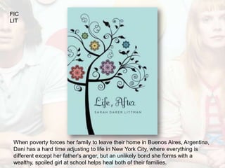 FIC
LIT




 When poverty forces her family to leave their home in Buenos Aires, Argentina,
 Dani has a hard time adjusting to life in New York City, where everything is
 different except her father's anger, but an unlikely bond she forms with a
 wealthy, spoiled girl at school helps heal both of their families.
 