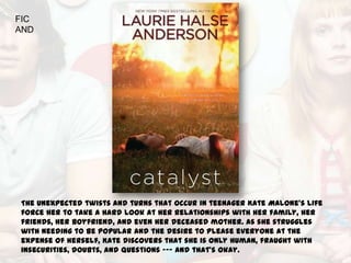 FIC
AND




The unexpected twists and turns that occur in teenager Kate Malone's life
force her to take a hard look at her relationships with her family, her
friends, her boyfriend, and even her deceased mother. As she struggles
with needing to be popular and the desire to please everyone at the
expense of herself, Kate discovers that she is only human, fraught with
insecurities, doubts, and questions --- and that's okay.
 