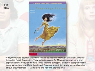 FIC
RYA




 A tragedy forces Esperanza and her mother to flee their Mexican ranch for California
 during the Great Depression. They settle in a camp for Mexican farm workers, and
 Esperanza isn't ready for the hard labor, financial struggles, or lack of acceptance she
 faces. When their new life is threatened, Esperanza must find a way to rise above her
 difficult circumstances --- Mama's life and her own depend on it.
 