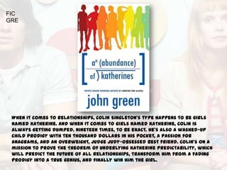 FIC
GRE




 When it comes to relationships, Colin Singleton's type happens to be girls
 named Katherine. And when it comes to girls named Katherine, Colin is
 always getting dumped. Nineteen times, to be exact. He's also a washed-up
 child prodigy with ten thousand dollars in his pocket, a passion for
 anagrams, and an overweight, Judge Judy-obsessed best friend. Colin's on a
 mission to prove The Theorem of Underlying Katherine Predictability, which
 will predict the future of all relationships, transform him from a fading
 prodigy into a true genius, and finally win him the girl.
 